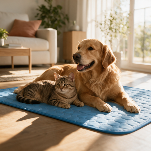 Chien golden retriever et chat allongés sur un tapis rafraîchissant bleu ChezPuppy dans un salon