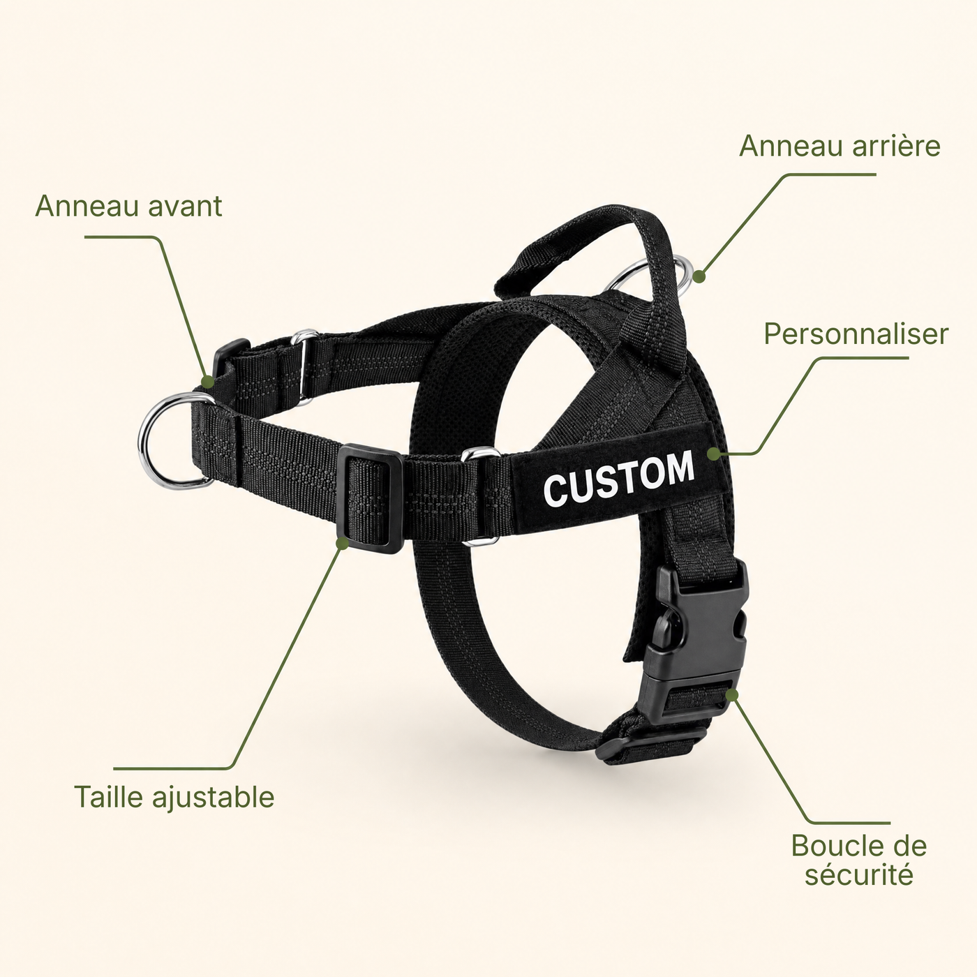 Harnais Anti-Traction pour Chien — Anneau Avant, Sangles Réglables, Tailles XS à XL