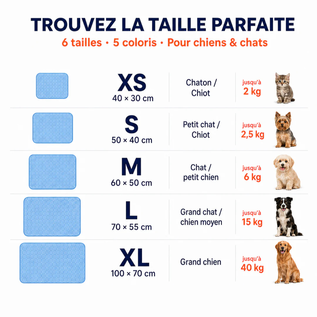 Guide des tailles du tapis rafraîchissant ChezPuppy : dimensions et poids du chien, du XS (40 × 30 cm) au XL (100 × 75 cm)
